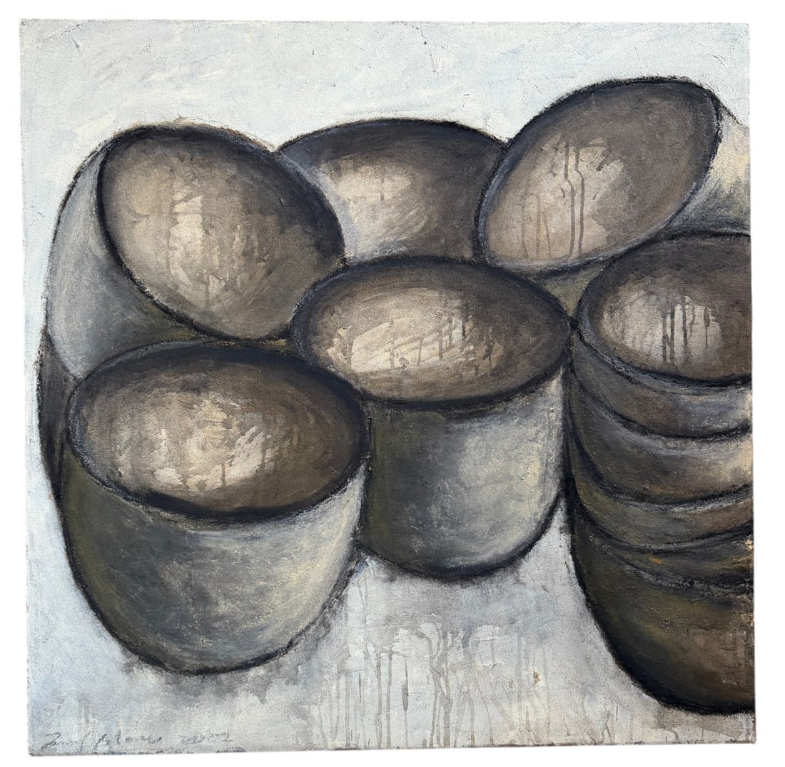 Wall Sized DANIEL BLANCO Charcoal and Watercolor Painting: Mixed media, appears to be oil, charcoal & watercolor on canvas. 40" H x 40" W x 1.5" D.