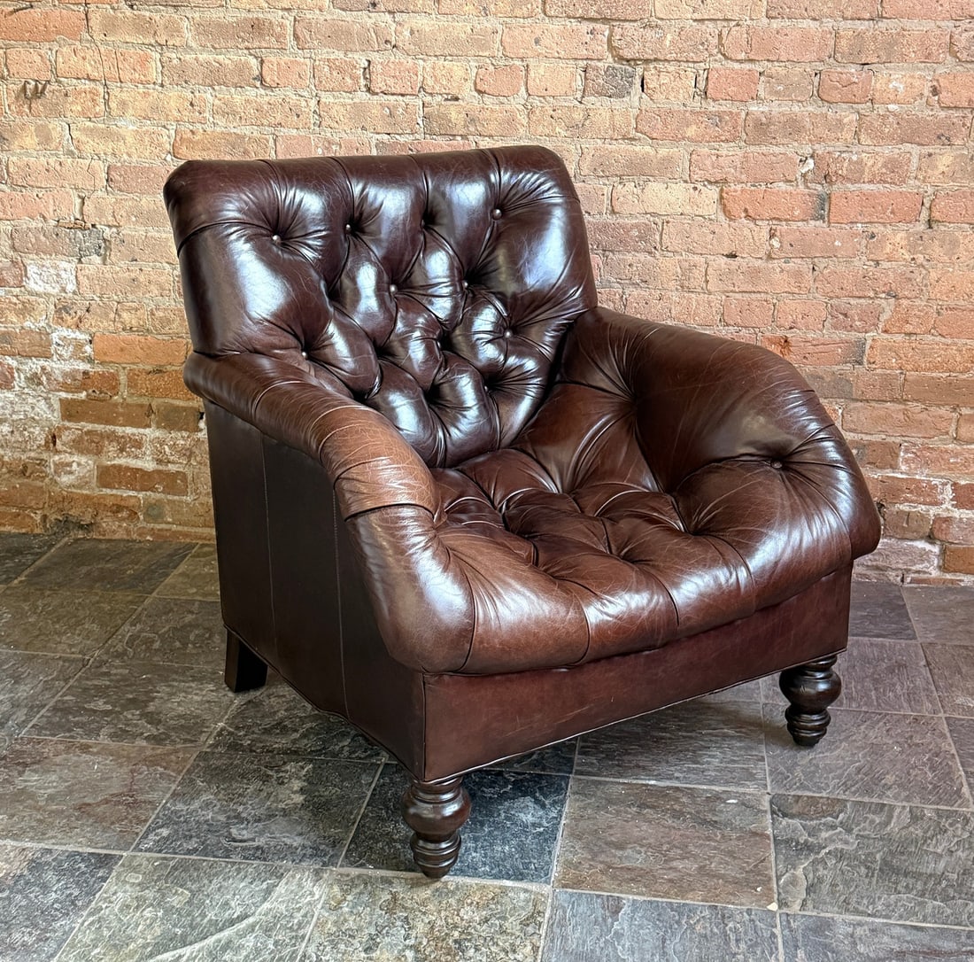 DREXEL Tufted Chesterfield Club Chair: Drexel Heritage. 36" H to back x 16" H to seat x 34" W x 33" D. Retains label to underside.