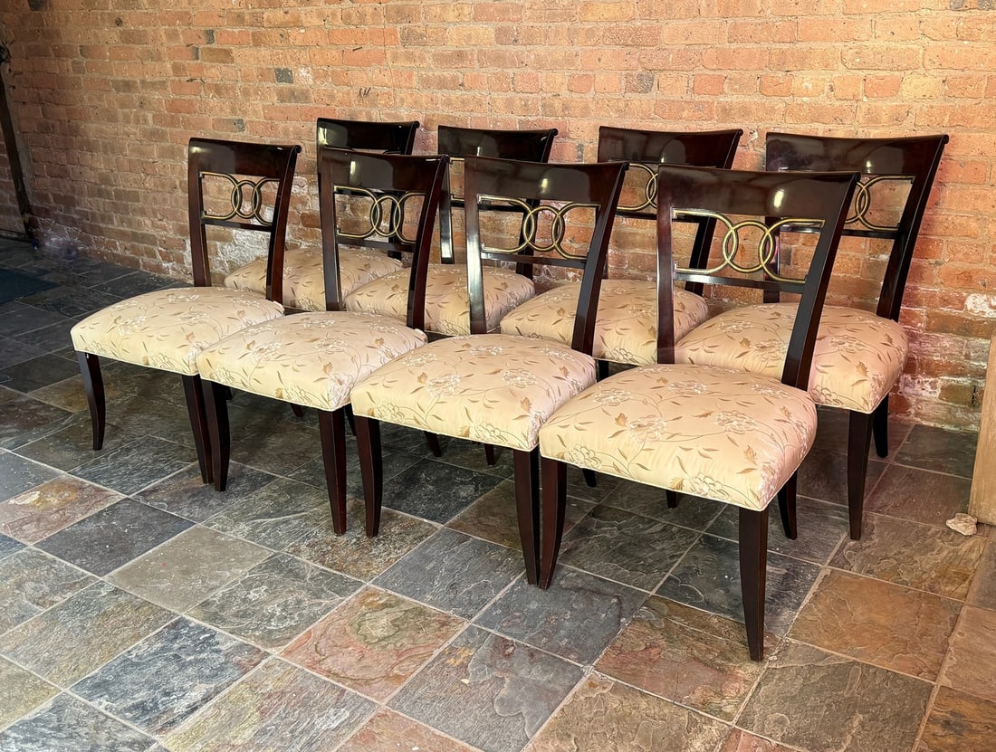 Set of 8 BAKER "Cleo" Dining Chairs: 35.25" H x 17.25" H to seat x 20.5" W x 25.25" D. All chairs retain Baker Furniture label. Designed by Thomas Pheasant.