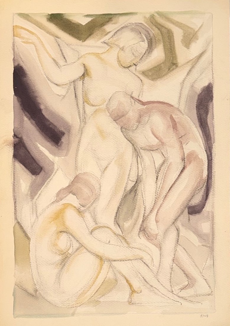 Art Deco Mixed Media of Three Nude Women After ALBERT KREHBIEL (American, 1873-1945): Measures 28.5" x 22" x .5" D. Likely watercolor and pencil on paper.