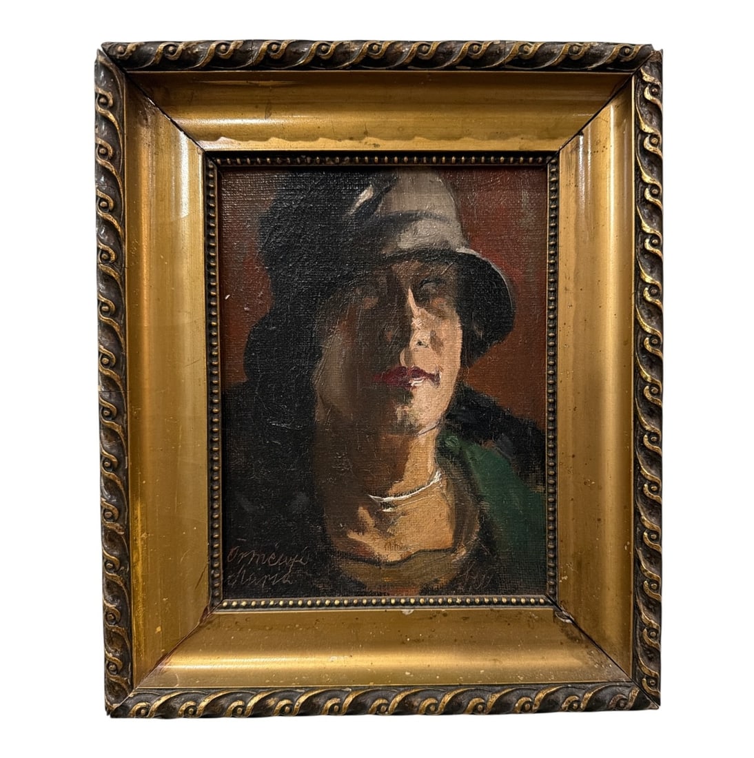 Petite 1920s Oil Painting Portrait of a Woman: Measures 11" H x 9" W x 2" D. Oil on canvas. Signed in the lower left corner.