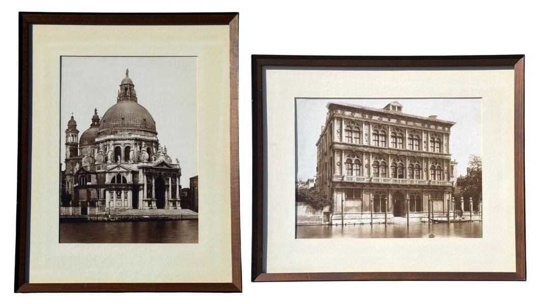 Two Italian Architectural Sepia Photographic Prints: Measures 20.75" H x 15.25" W in the frame. Images of The Basilica de Santa Maria Della Salute and Palazzo Vendramin Calergi.