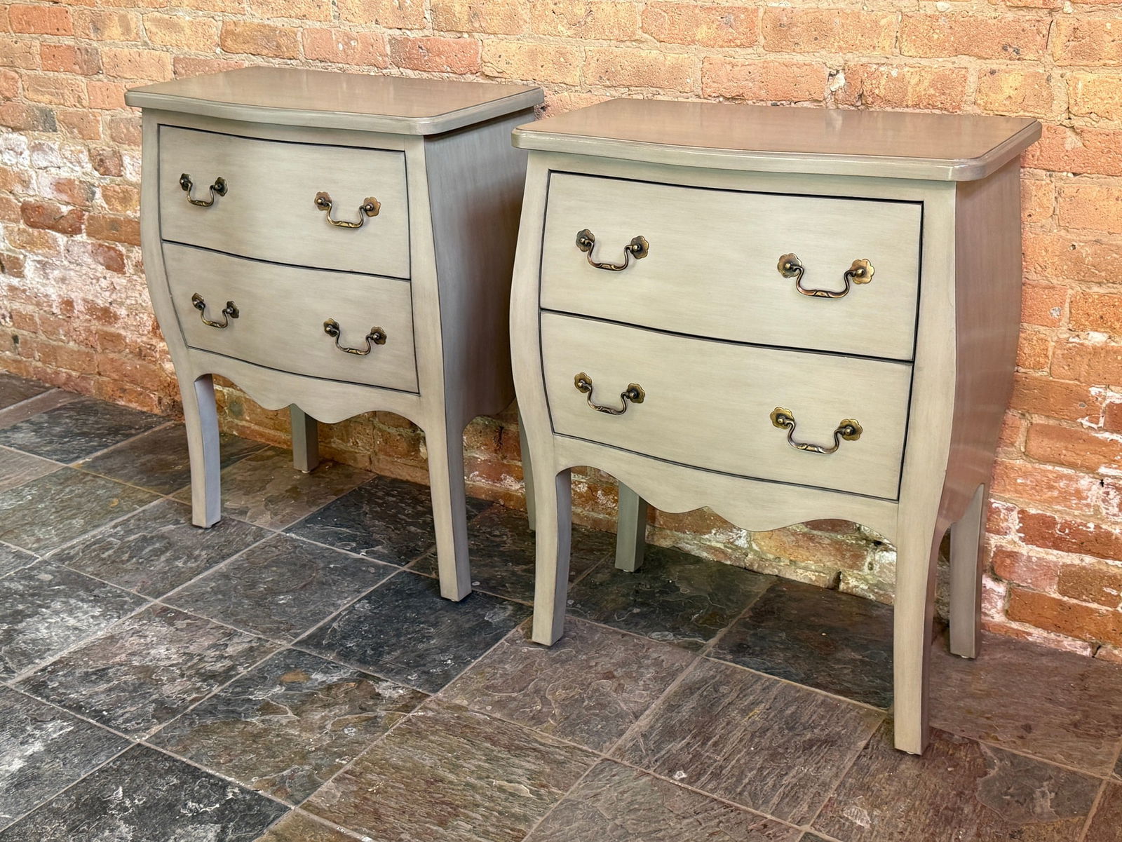 Pair Petite Gray Bombay Nightstands: 32.25" H x 26" W x 14.25" D, purchased from FRONTGATE.