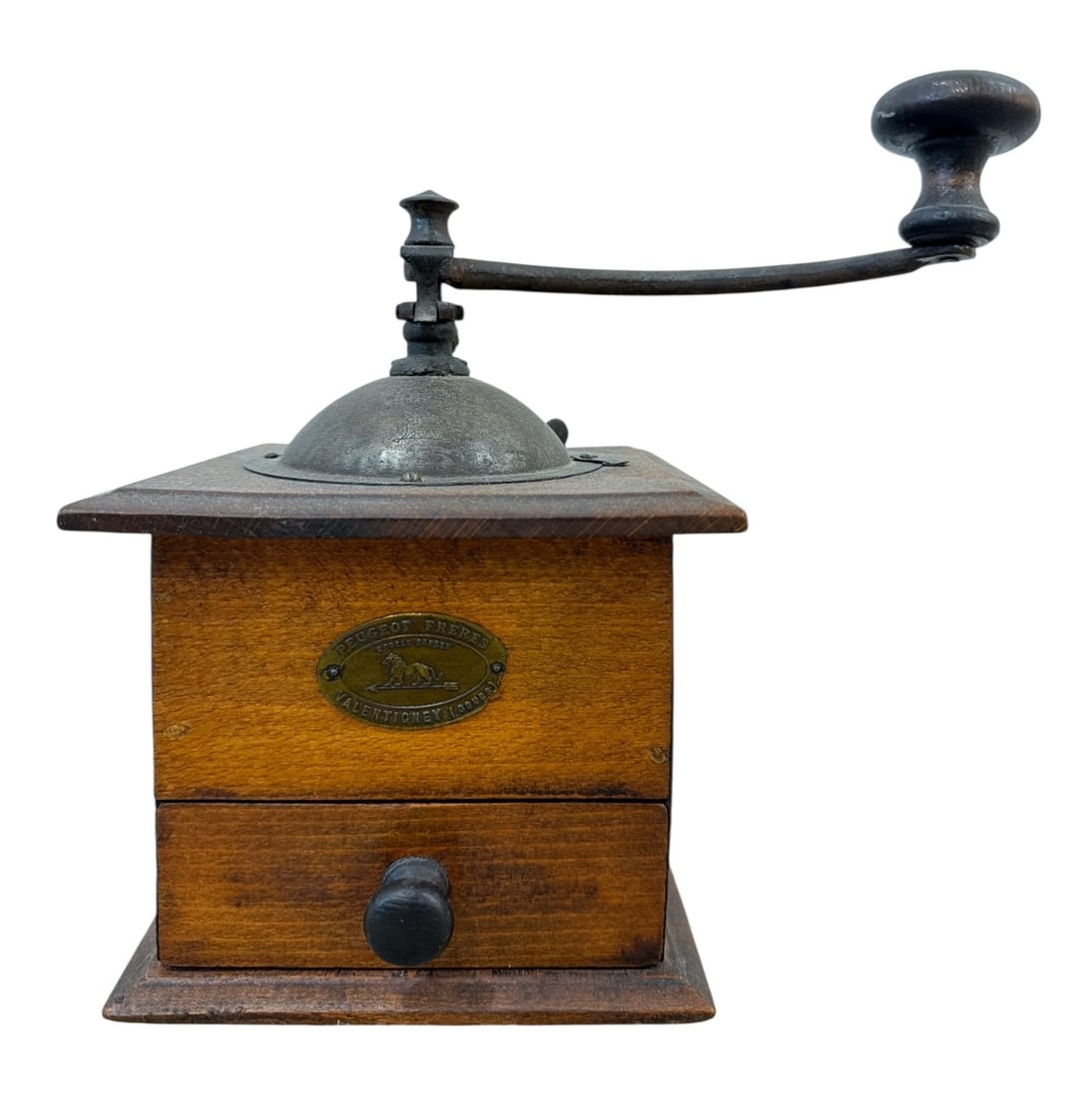 Antique Coffee Grinder, PEUGEOT FRERES: Measures 8.5" H with handle, 8" H without handle, girder measures 5.75" W x 5.75" D.
