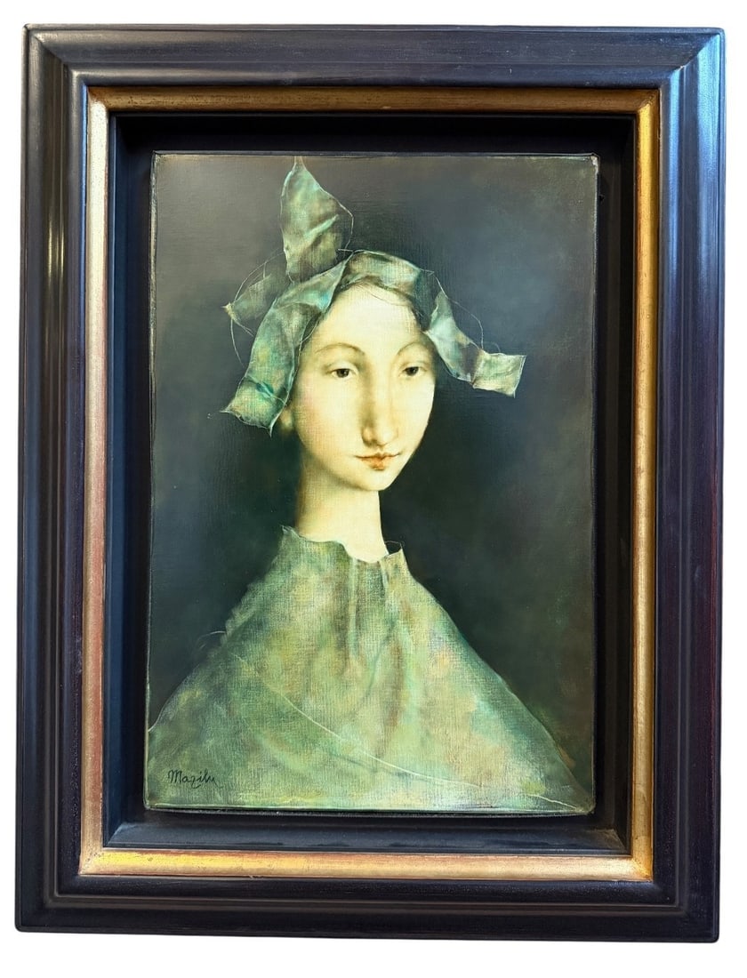 GEORGES MAZILU (Romanian/French, b. 1951) Acrylic Painting Portrait of a Girl: Signed in the lower left corner and en verso. Simply titled "Portrait" and dated 1994. Acrylic and airbrush on linen. Measures 19" x 14.75" x 1.5" D in the frame.