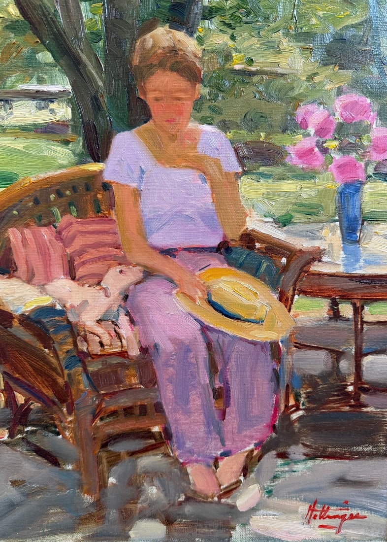 DAVID HETTINGER (American, B. 1946) Oil Painting of Woman with Dog: Measures 22.25" x 19" x 1.75" D. Oil on canvas, signed in lower right corner.