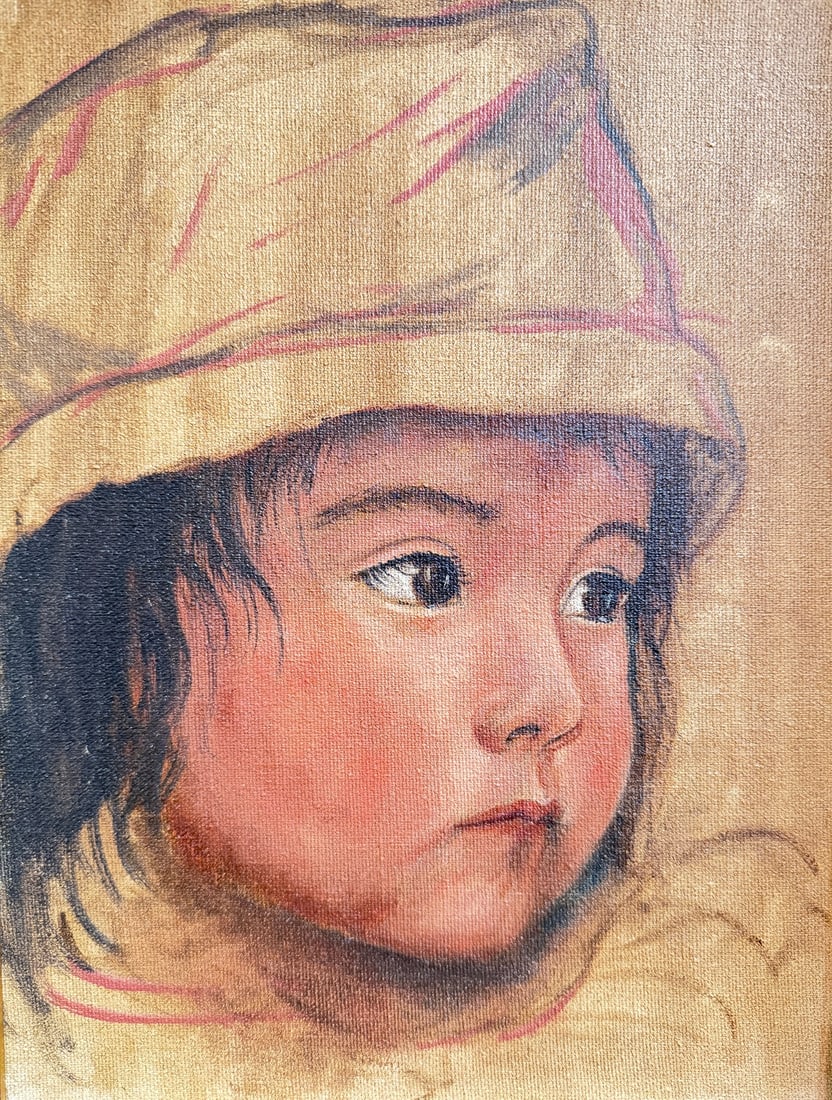Oil Painting Portrait of a Child: Measures 16.25" H x 13.25" W x 2" D in frame. Oil on canvas.