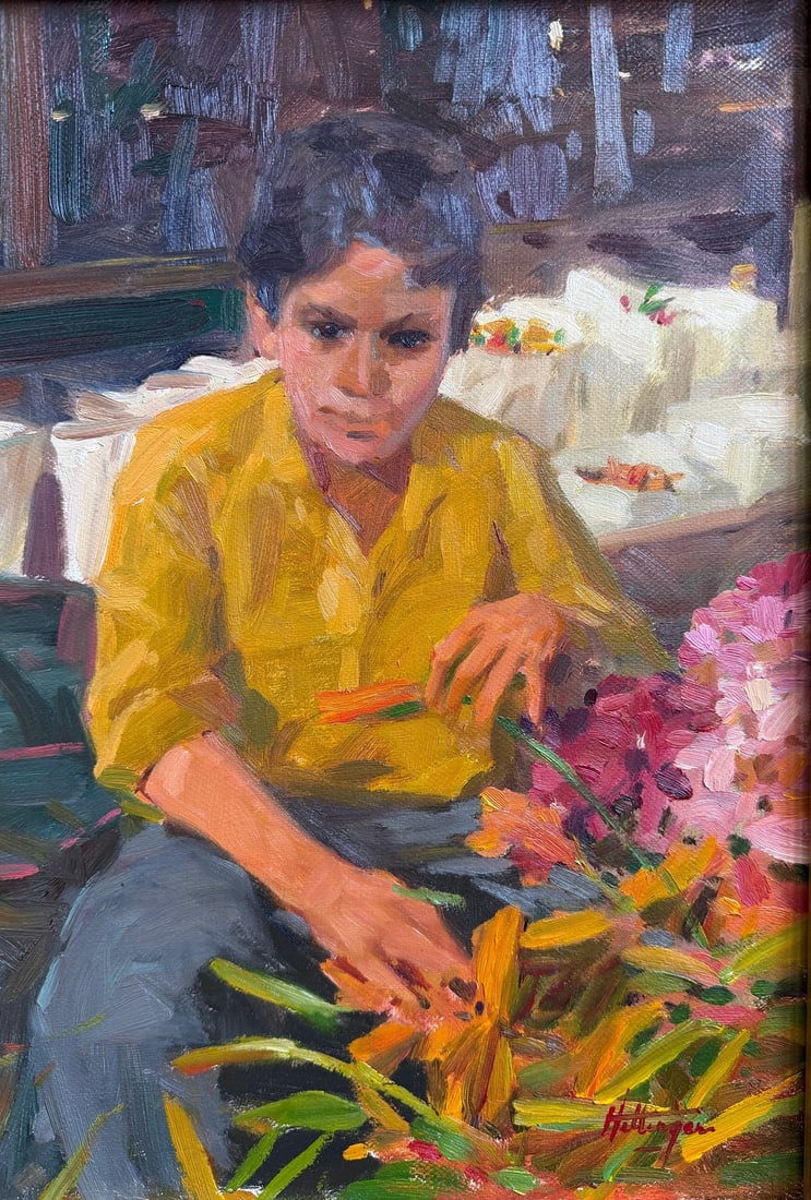 DAVID HETTINGER (American, B. 1946) Oil Painting of Young Boy: Measures 20" x 16" x 2" D in frame. Oil on canvas. Signed in the lower right corner.