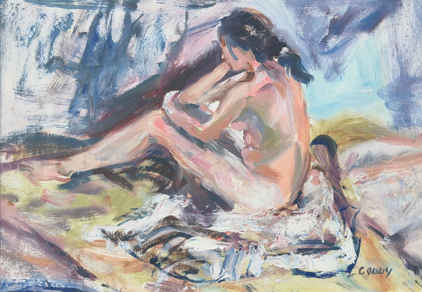 Mid Century Nude Woman Oil Painting: Signed C.O. Kelly in the lower right corner, likely oil on paper. Measures 26" x 32.5" x 2" D in the frame.