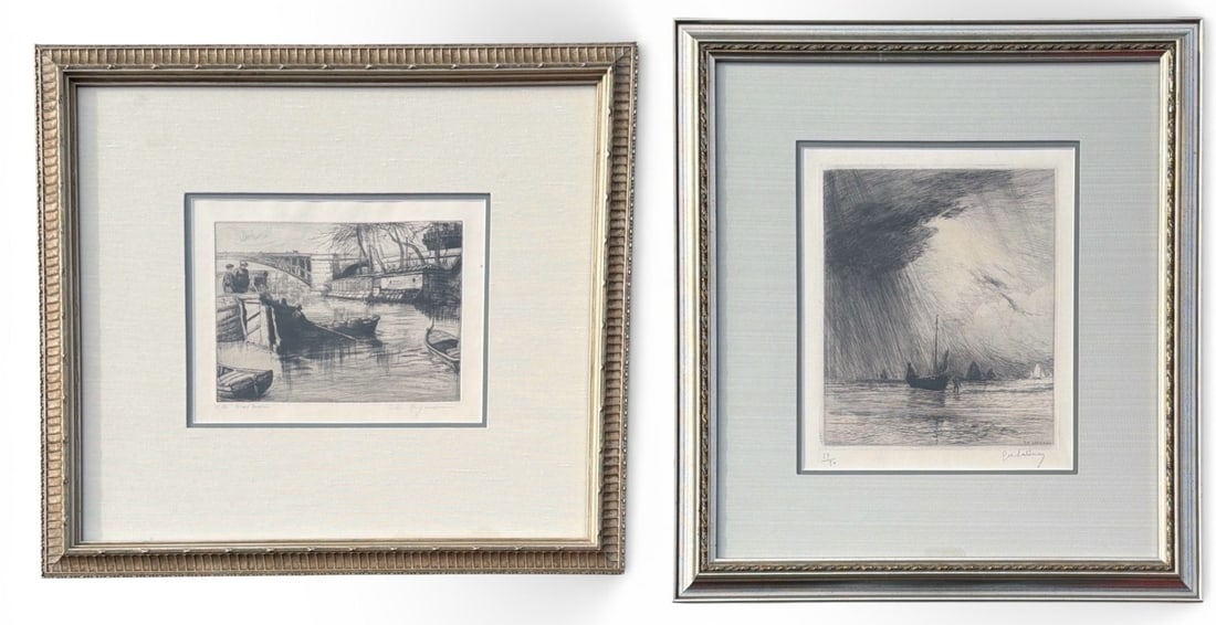 Two Signed Early Nautical Etching, LATENAY & HEYMAN: The Gaston de Latenay measures 19.5" x 17.5" x 1" D in frame and is signed and numbered 17/50. The Charles Heyman measures 17.25" x 18.5" x 1" d in frame and is signed, numbered 15/20, titled, and