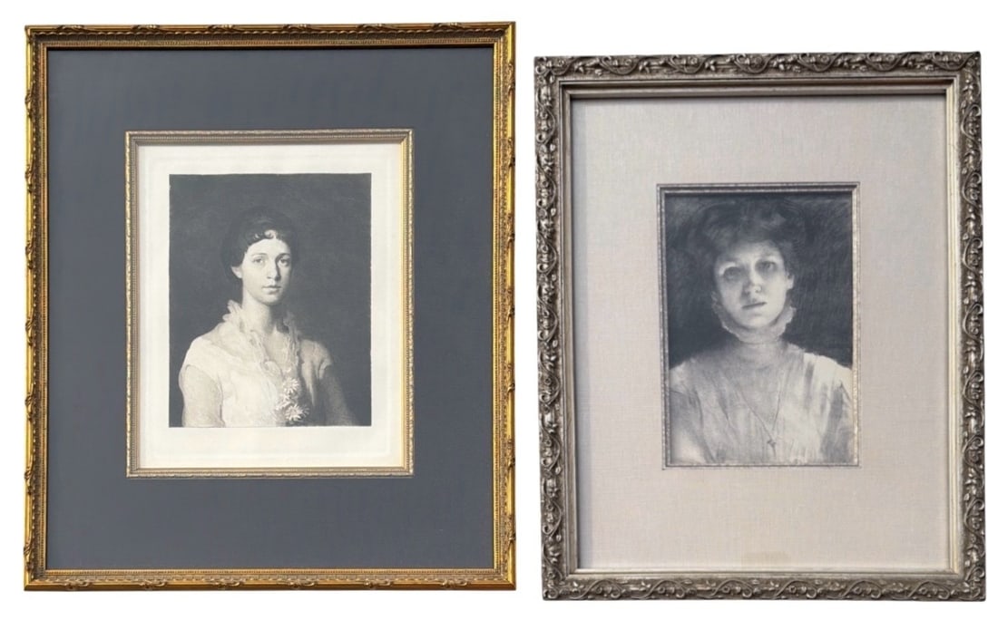 Two Etchings of Young Women, SCHOFF, F.E. JACKSON: Portrait of a Young Lady, painted by Abbott H. Thayer and etched by S.A. Schoff and measures 18" H x 15" W x 1" D. F.E. Jackson measures 16" H x 13" W x 1" D.