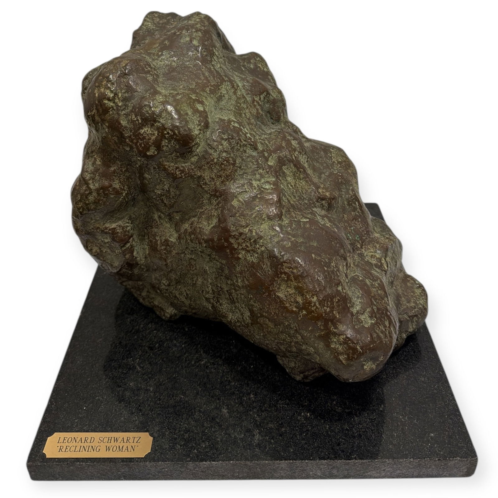 LEONARD SCHWARTZ (American, 1923 - 1988), "Reclining Woman" Bronze Sculpture: Titled on the plaque, signed on lower back and numbered 1/5. Sculpture itself measures 9.75" H x 12" W x 8" D. with base measures 10" H x 12" W x 8" D. Base measures 1" H x 12.25" W x 12.25" D.