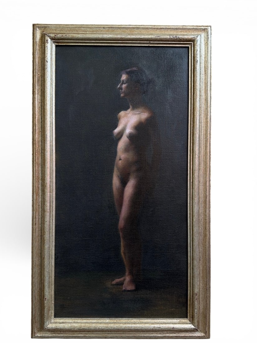 Art Deco Style Nude Oil Painting: Measures 32.5" x 18.5" x 1.5" D. Signed en verso. Oil on canvas.