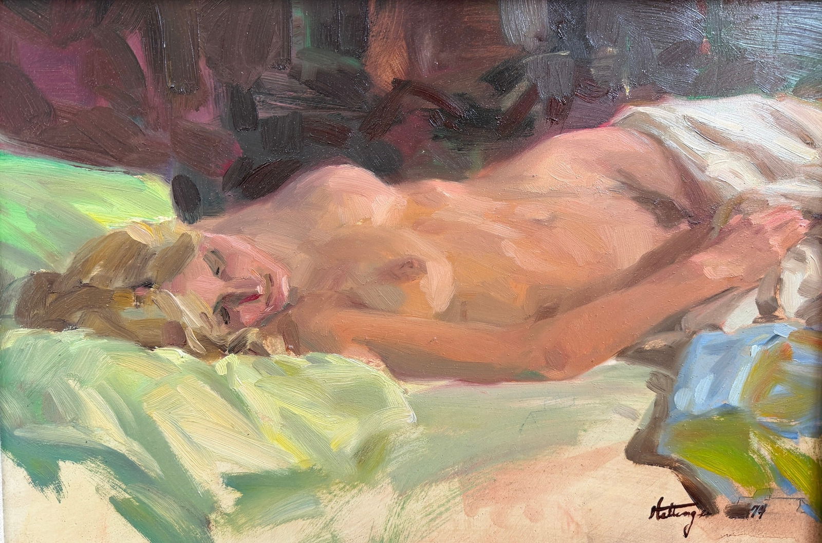 DAVID HETTINGER (American, B. 1946) Oil Painting of Reclining Nude: Measures 15.5" x 19.5" x 1.75" D. Oil on board. Signed in lower right corner.