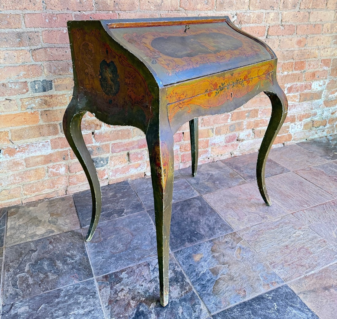 French Louis XV Drop Front Writing Desk: Measures 35" H x 27.5" W x 18" D. Very nice, early dovetailed construction with cabriole legs. Retains a key for the top portion but the bottom drawer remains locked.