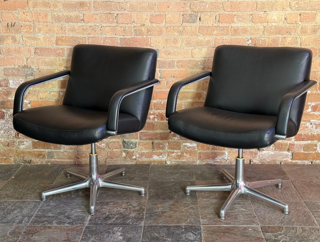 GEOFFREY HARCOURT Armchairs for ARTIFORT, Pair: 33.5" H to back x 19.5" H to seat x 27.5" W x 24" D. Artifort impression to underside of each chair.