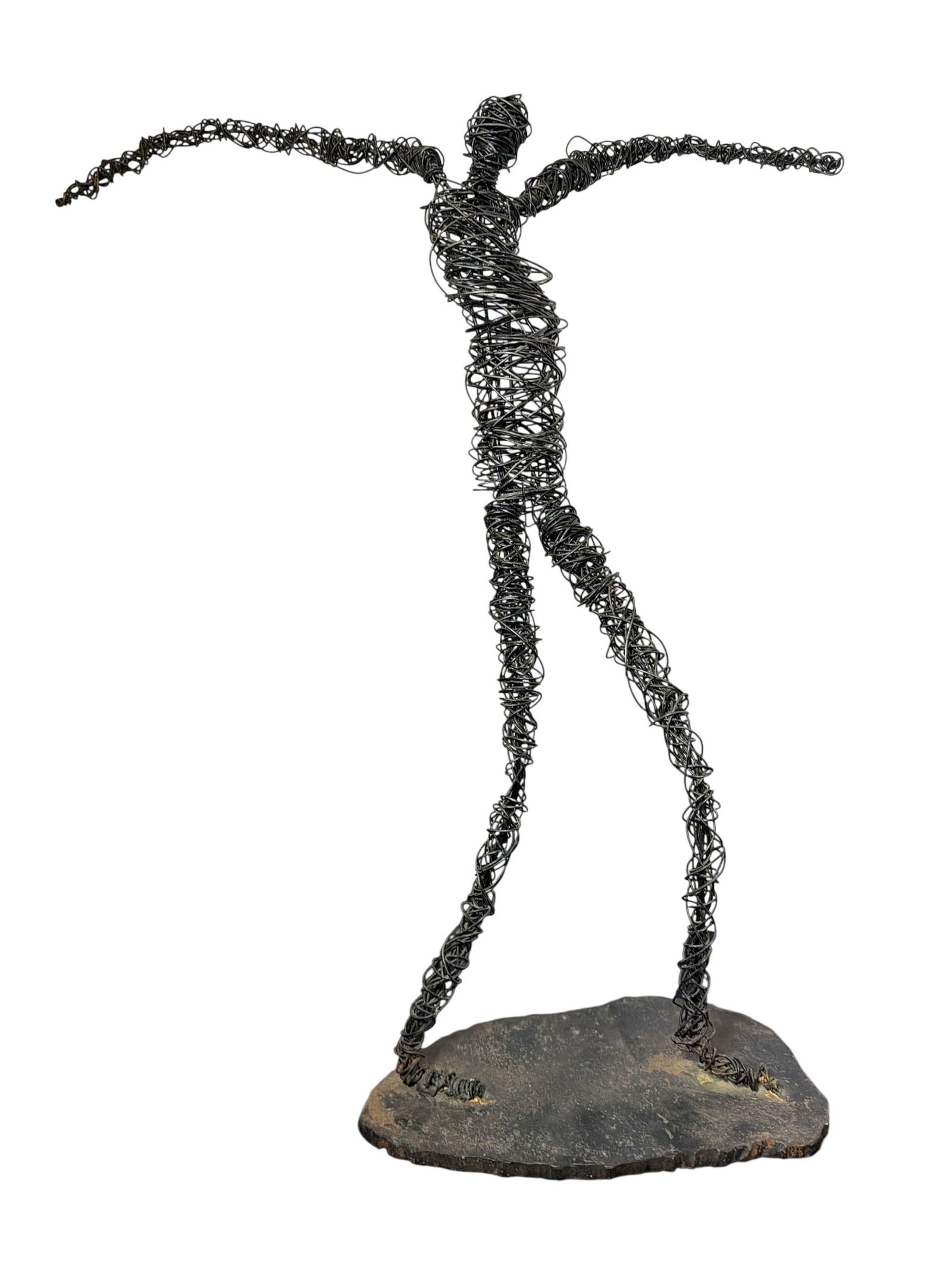 A Brutalist Wrapped Wire Man Sculpture: Measures 23" H x 18.5" W x 10.25" x 5.75" at the base.
