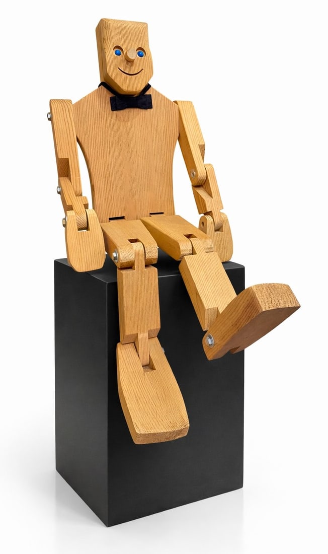 Vintage DON ELLEFSON Articulating Man Sculpture: Local Chicago artist. Poseable man. Standing at tallest height, measures 28" H x 11.5" W x 8" D.