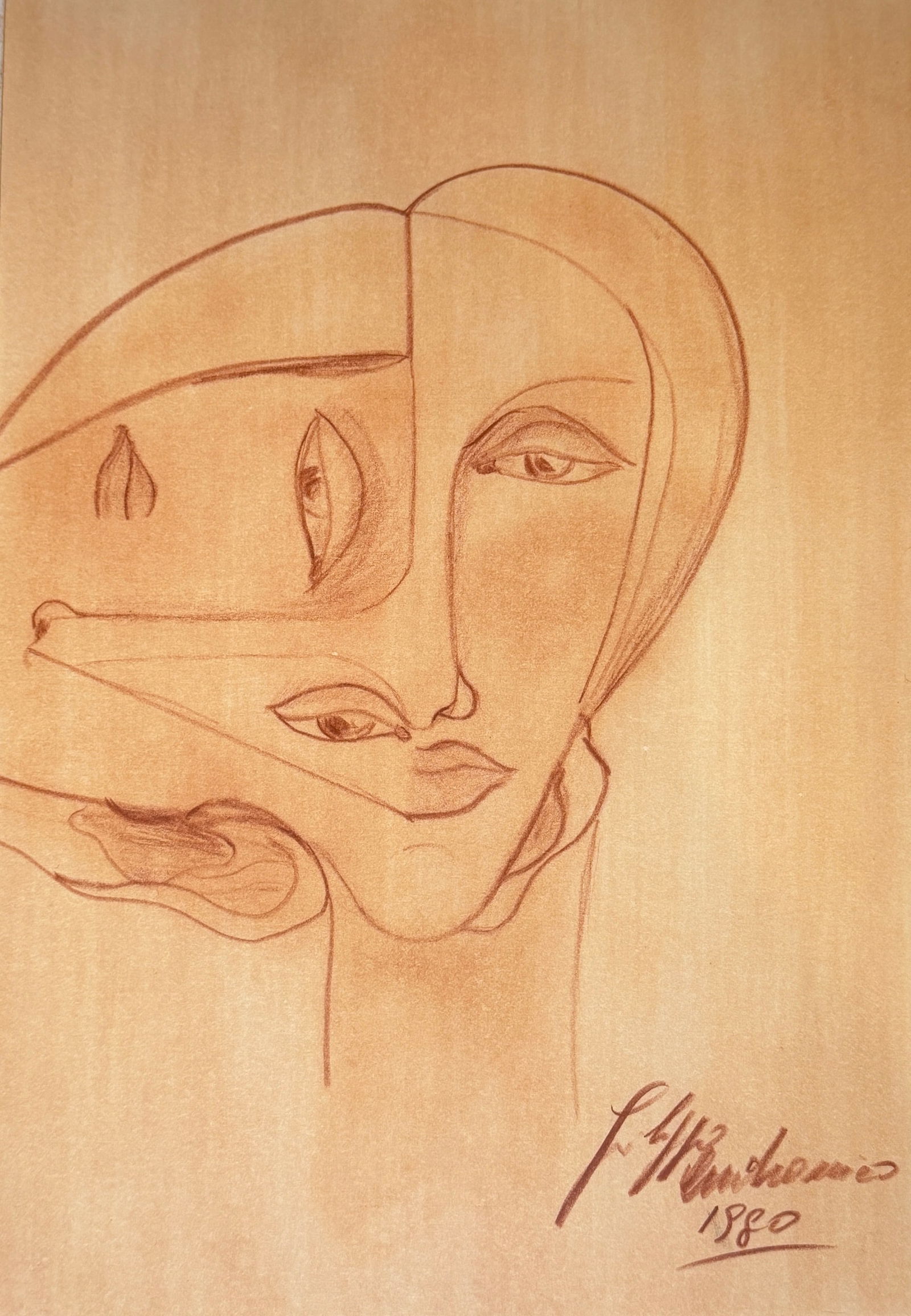 Surrealist Drawing on Paper, 1980: A surrealist two-faced drawing of a woman that is signed in the lower right corner. The signature is indecipherable but is dated 1980. Measures 13.75" x 9.5" overall, the drawing itself measures 9.5"