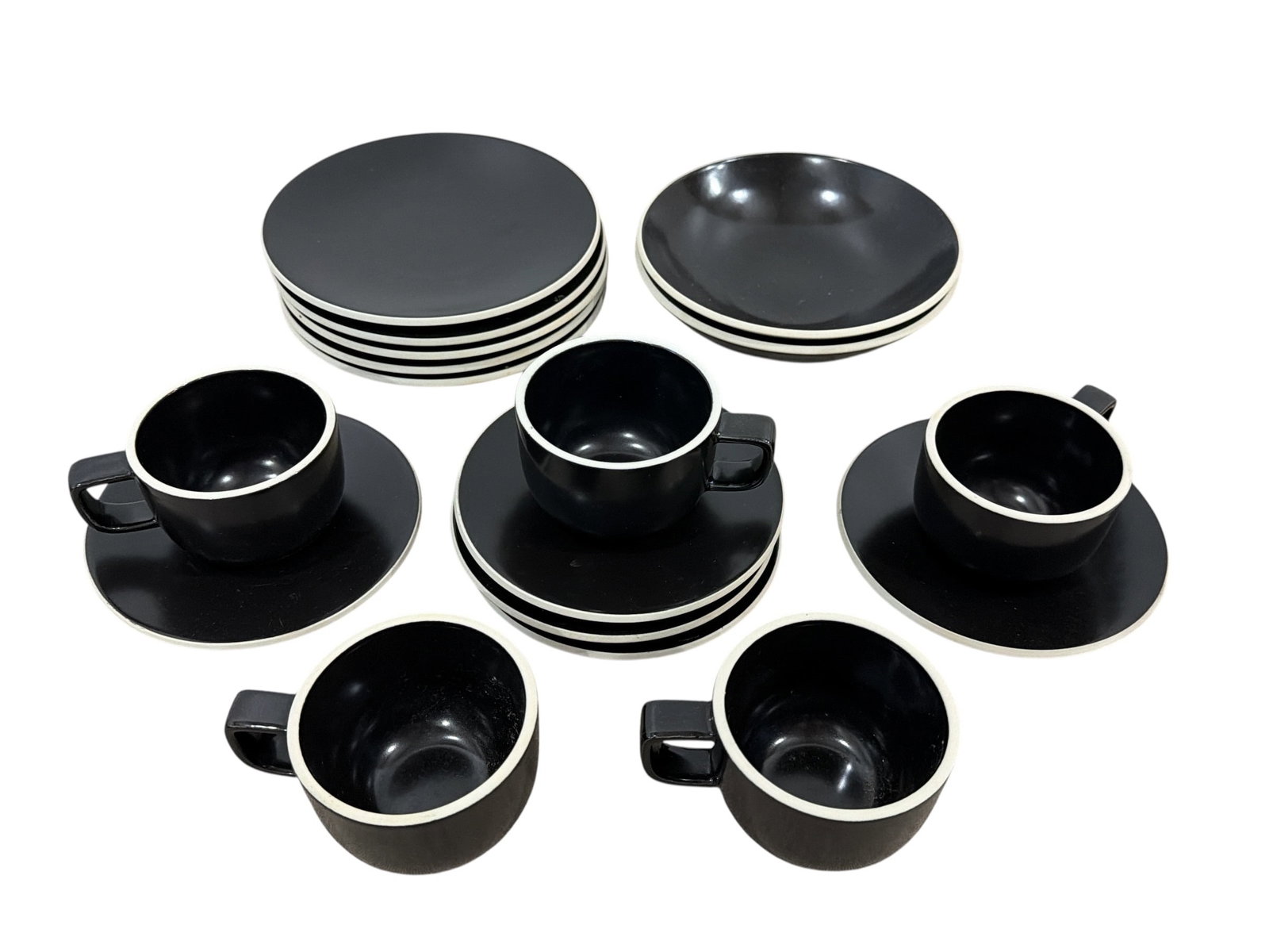 Modernist SASAKI Japanese Dinnerware: Includes 5 plates, 5 saucers, 5 cups, and two bowls. The larger plates measure 7.5" diameter, the saucers measure 5.75" diameter, the cups measure 2.5" H x 3.25" diameter, 4.5" w including handle.