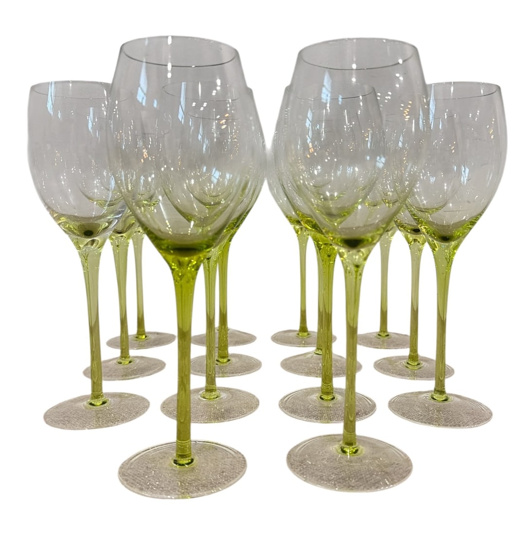 Mid Century Green Stemware Wine Glasses, 14 Pcs.: All measure 9.25" H x 3" diameter.
