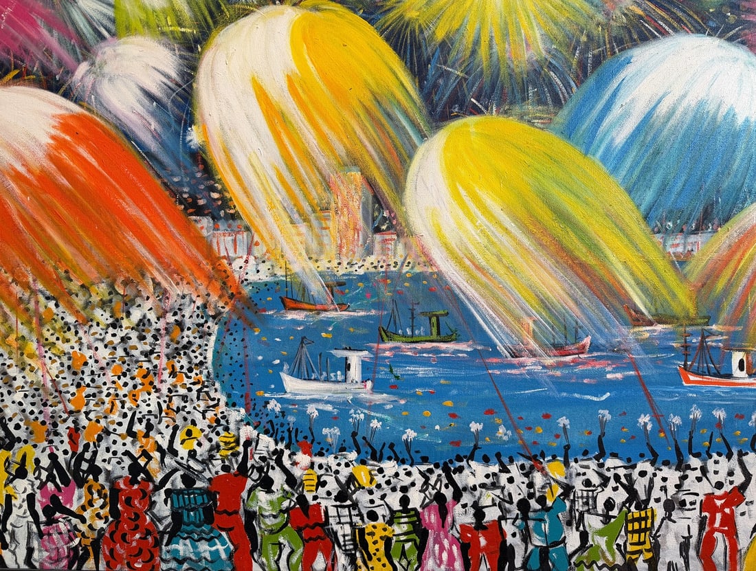 CELIO DE SOUZA SILVA (Brazilian, 20th century) "Rio 98" Oil Painting: Measures 36.5" x 55.5" x 1.5" D. Signed in the lower left corner, acrylic on canvas.