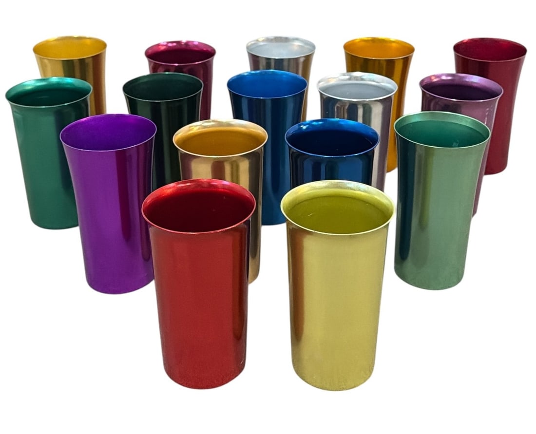 Collection of Mid Century Anodized Aluminum Tumblers, BASCAL & SUNBURST: All measure approx. 5" H x 2.75" diameter.