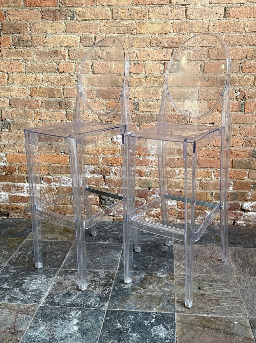 A Pair of PHILIPPE STARCK (French, b.1949) Style "Ghost" Bar Stools: 46.5" H to back, 30" H to seat x 15" W x 19" D