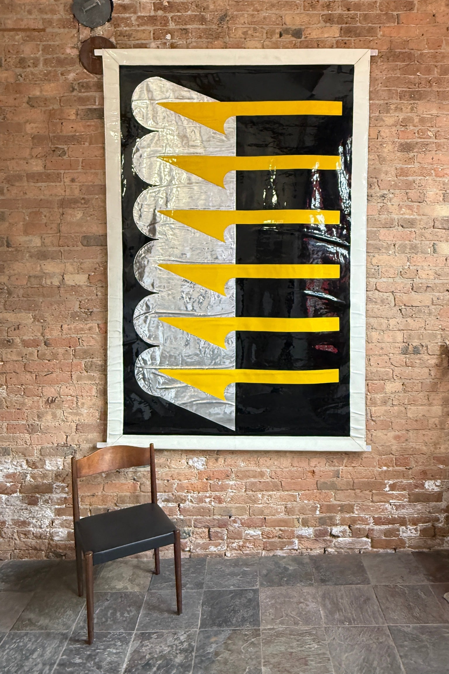 Wall Sized Modernist Vinyl Tapestry: Vinyl with a canvas backing. 92" H x 60" W. 64" W overall including aluminum supports.