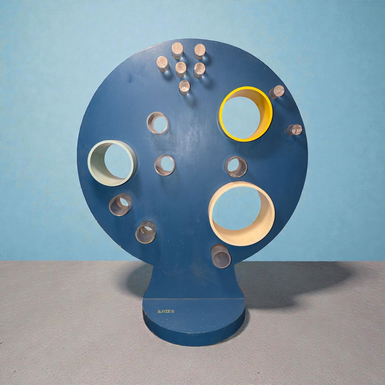 Surrealist Negative Space Light Sculpture: Measures 29" H x 24" overall diameter, 12" D. Signed S. Aies.