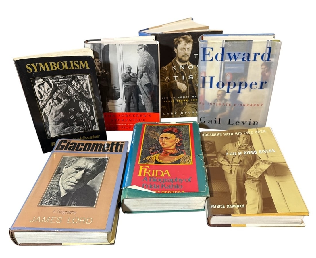 Collection of First Edition Art & Artist Biography Books: Includes copies of Edward Hopper by Gail Levin, Diego Rivera by Patrick Marnham, Giacometti by James Lord, Frida Kahlo by Hayden Herrera, Symbolism by Robert Goldwater, The Sorcerer's Apprentice