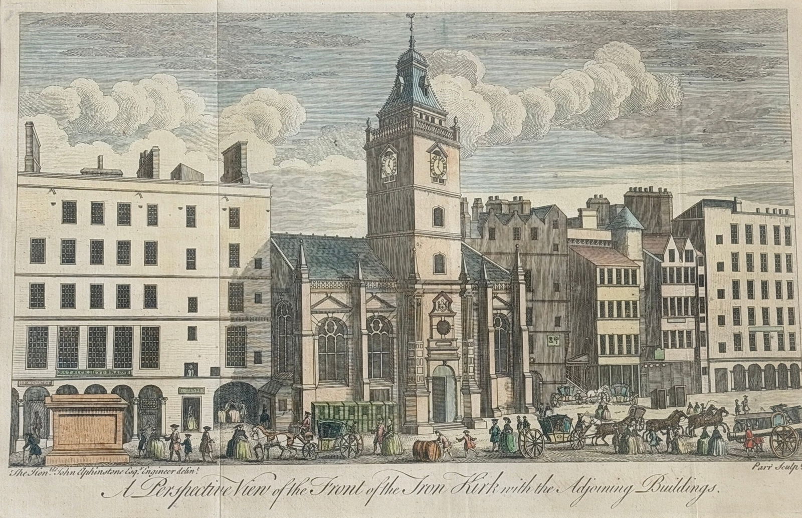 "A Perspective View of the Front of The Tron Kirk, Edinburgh" Color Etching: 14.75" H x 18.5" W in the frame. Site measures 8.5" H x 13" W. "A Perspective View of the Front of The Tron Kirk with the Adjoining Buildings/ The Honorable John Elphinstone Esqr Engineer Delin..