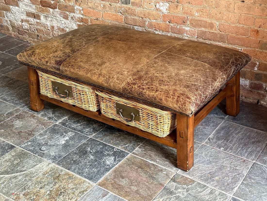 WILLIAMS SONOMA Leather Coffee Table Ottoman w/ Storage: 17.5" H x 49.5" W x 30.5" D