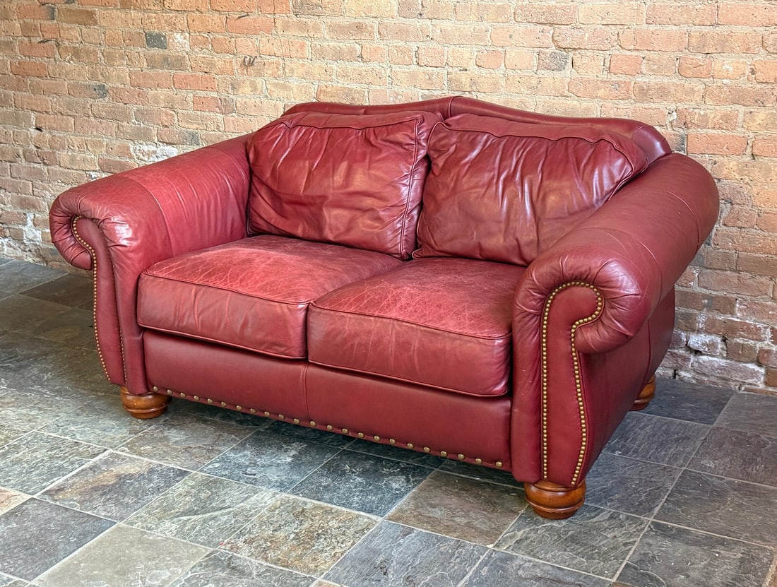 Red Leather Nailhead Trim Love Seat: 37" H to back x 21" H to seat x 66" W x 41" D
