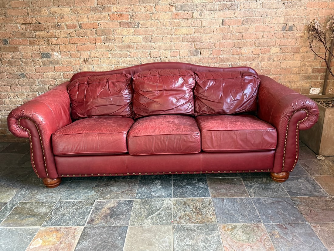 Red Leather Nailhead Trim Sofa - 2