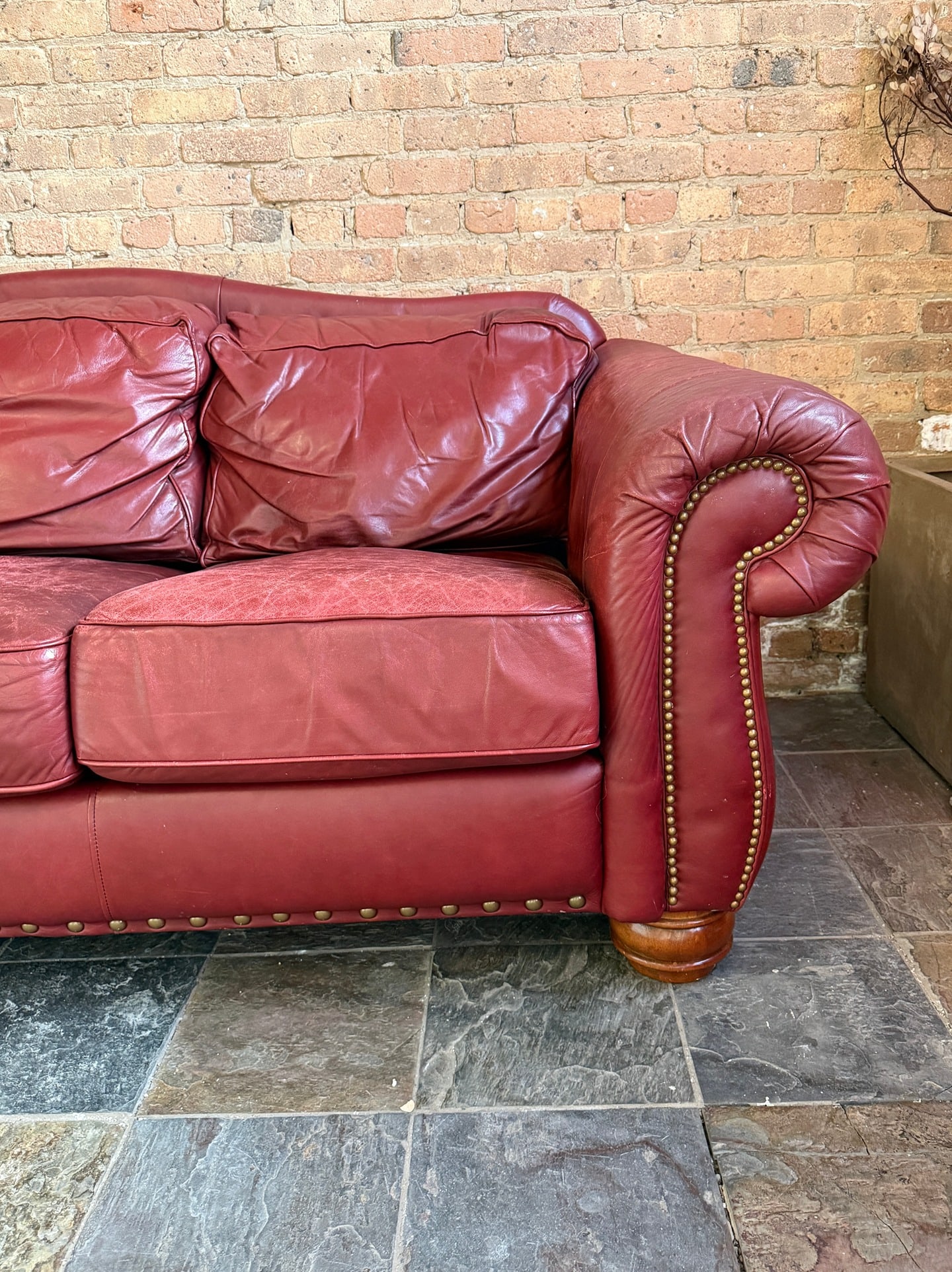 Red Leather Nailhead Trim Sofa - 3
