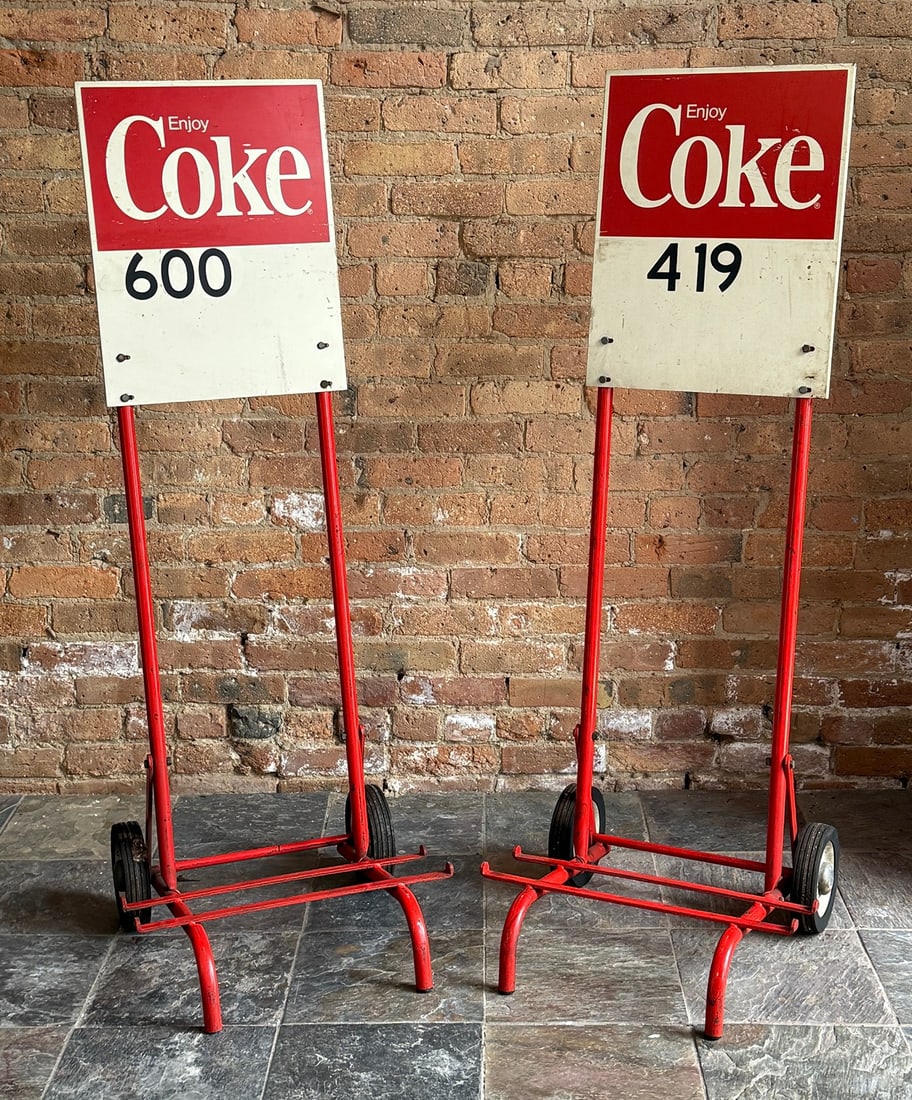 Vintage COCA-COLA Advertising Cart (2): Metal. 54.5" H x 20" W x 23" D. From a multi-generational, family-owned service station in Chicago.