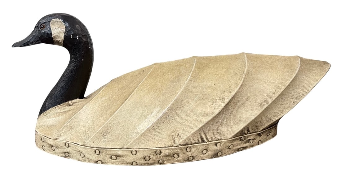 Canada Goose Decoy, Canvas Over Wire (Currituck, NC), JACK COX: Measures 9.5" H x 9" W x 23" D. Carved to underside "Currituck Sound, canvas goose, Jack Cox".