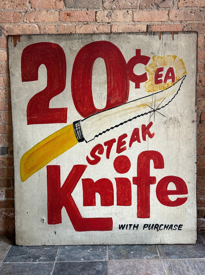 Vintage Steak Knife Advertising Sign: Oil paint on panel. 51.75" H x 45" W. From a multi-generational, family-owned service station in Chicago.