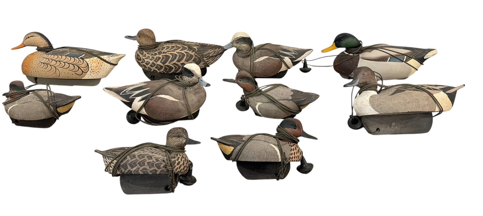 Collection of Wood Hunting Duck Decoys, ORVIS: Orvis measure 8.5" H x 7.5" W x 19" D, smallest wood decoy measures approx. 7.5" H x 5" W 12.5" D.
