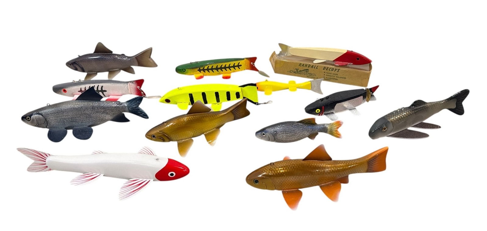 Collection Fishing and Spearing Decoys, RANDALL: Randall decoy includes original box and box measures 2" H x 10" W x 2.25" D. Smallest decoy measures 1.5" H x 3" W x 7.5" D.