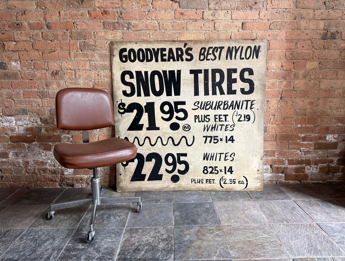 Vintage GOODYEAR Tires Advertising Sign: Wood. 48" H x 48" W. From a multi-generational, family-owned service station in Chicago.