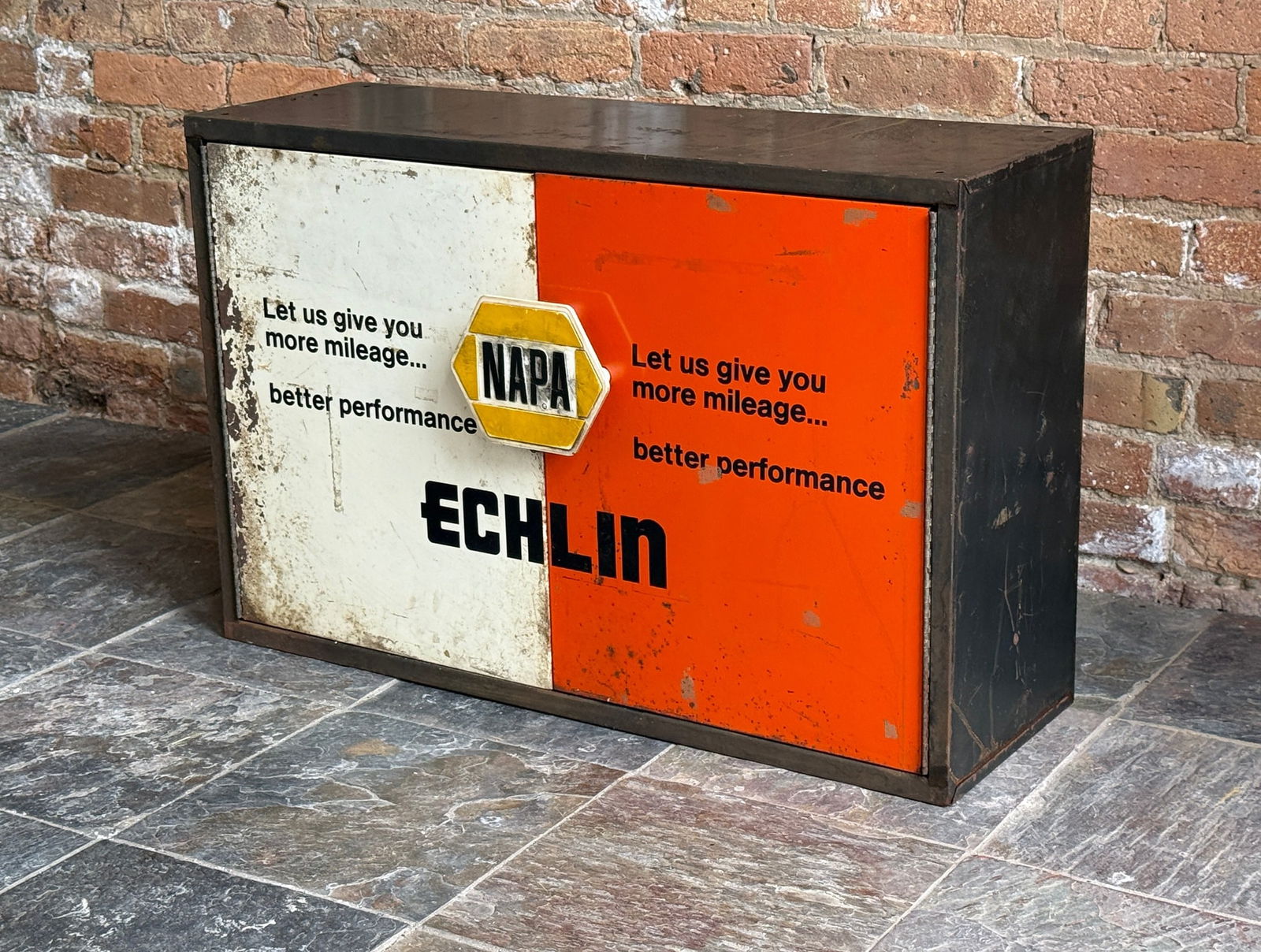Vintage NAPA Echlin Automotive Parts Storage Cabinet: Metal. 20" H x 30.5" W x 10" D. From a multi-generational, family-owned service station in Chicago.