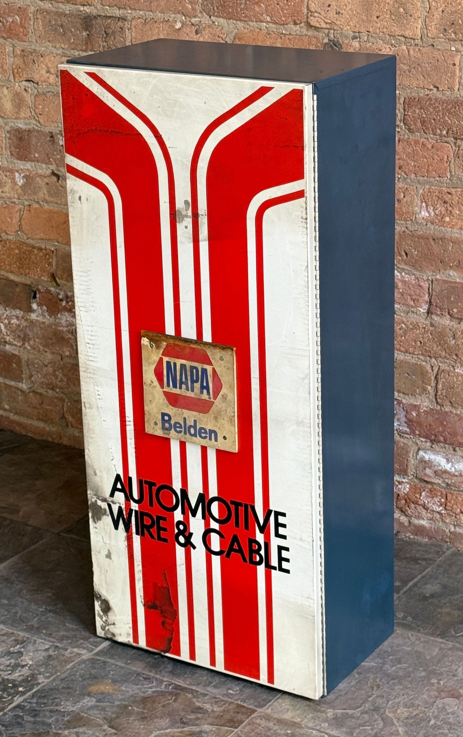 Vintage NAPA Advertising Storage Cabinet: Metal. 34" H x 13.25" W x 9.5" D. From a multi-generational, family-owned service station in Chicago.