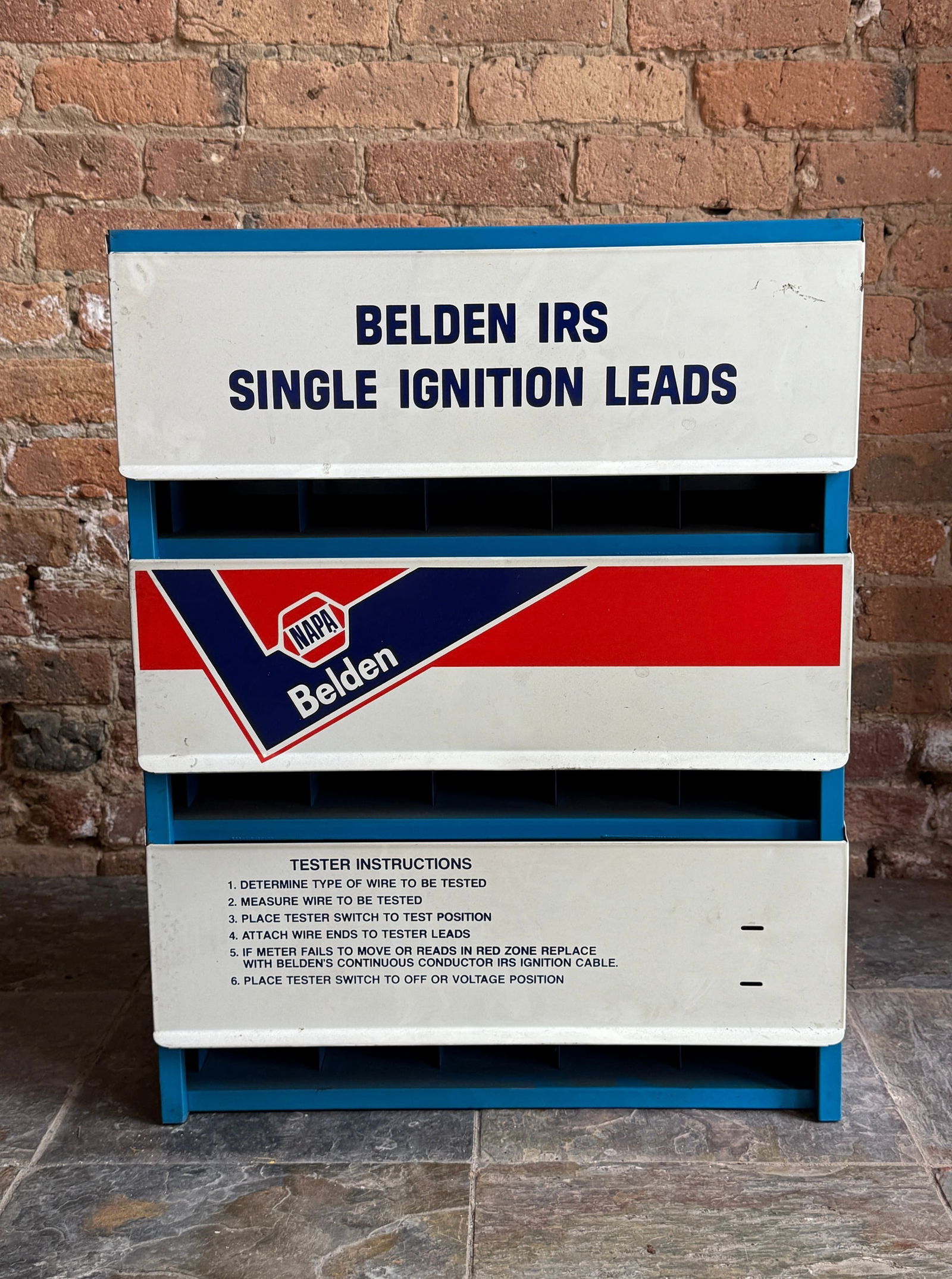 Vintage NAPA Belden Advertising Storage Cabinet: Metal. 24.5" H x 19" W x 6.75" D. From a multi-generational, family-owned service station in Chicago.