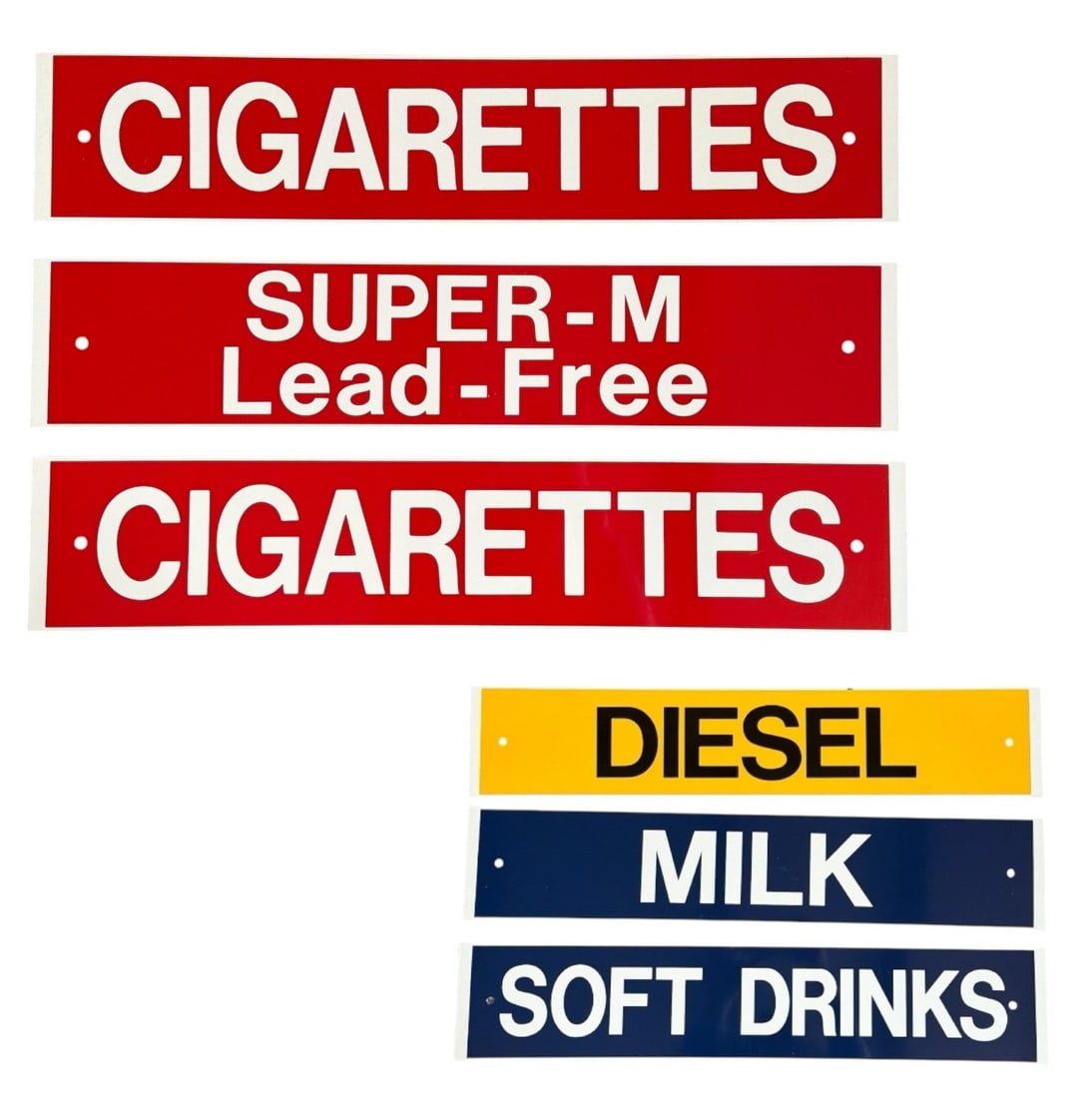 Three Double Sided Advertising Signs: Each measure 4.75" H x 24" W. One displays "Cigarettes" and opposite side says "Diesel", one displays "Super-M Lead-Free" and opposite side displays 'Milk", and third displays "Cigarettes" on one side