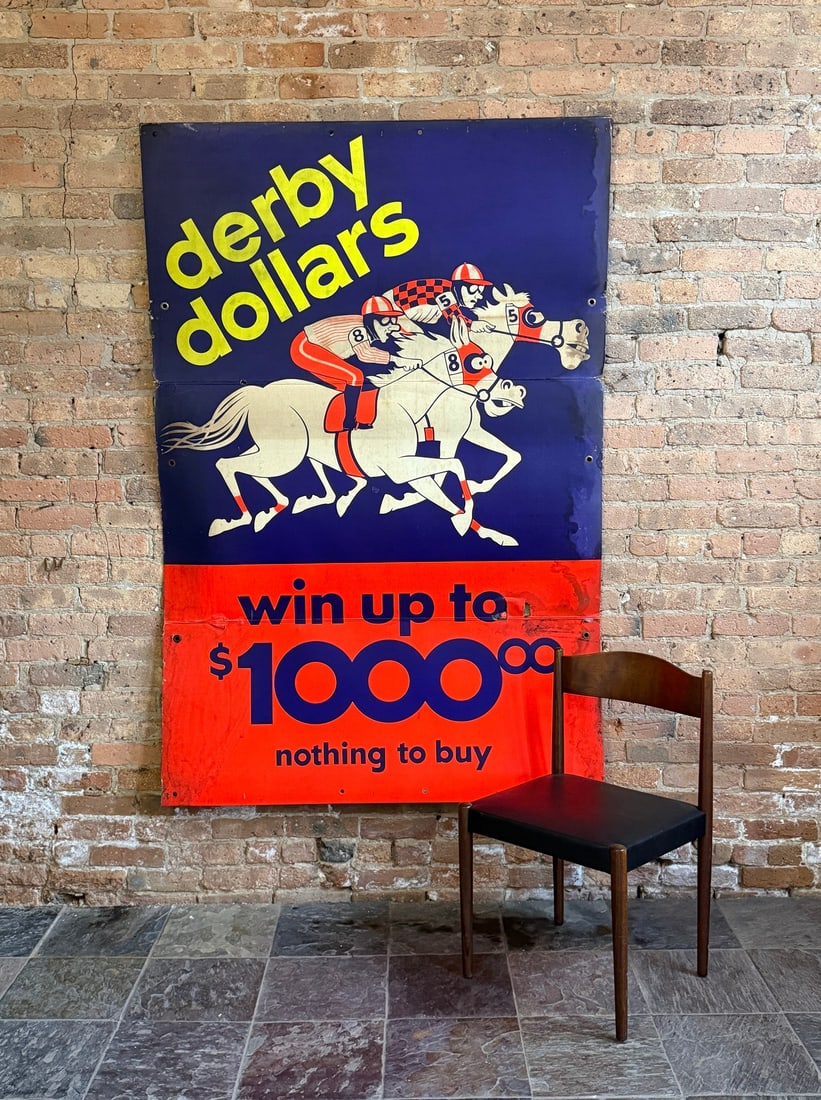 Vintage "Derby Dollars" Horse Racing Advertising Sign: Wood/thick, professional cardboard, folded in three sections. 72" H x 48" W. From a multi-generational, family-owned service station in Chicago.