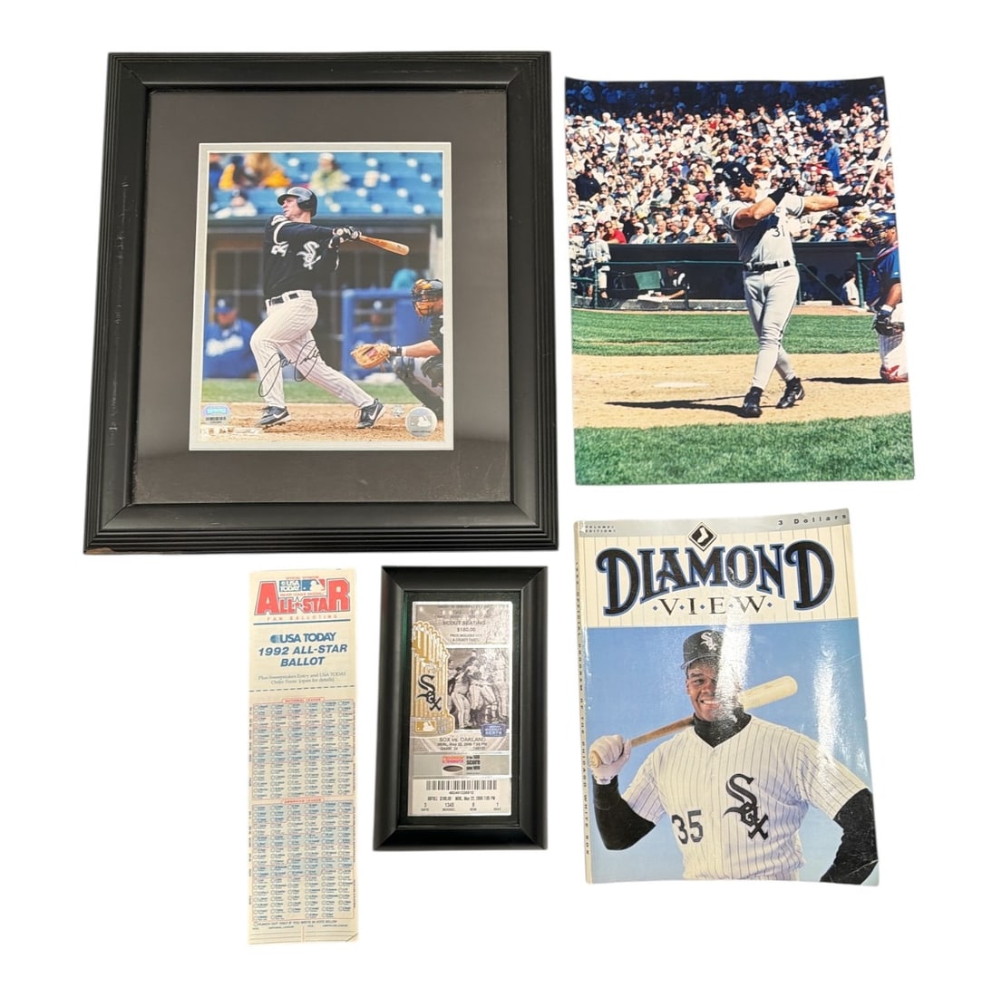 Collection of Chicago White Sox Baseball Memorabilia, Joe Crede Autograph: Includes an autographed and stamped photograph of Joe Crede batting that measures 16.75" x 14.5", a framed 2006 World Series ticket, a photograph of Jose Canseco batting that measures 13.75" x