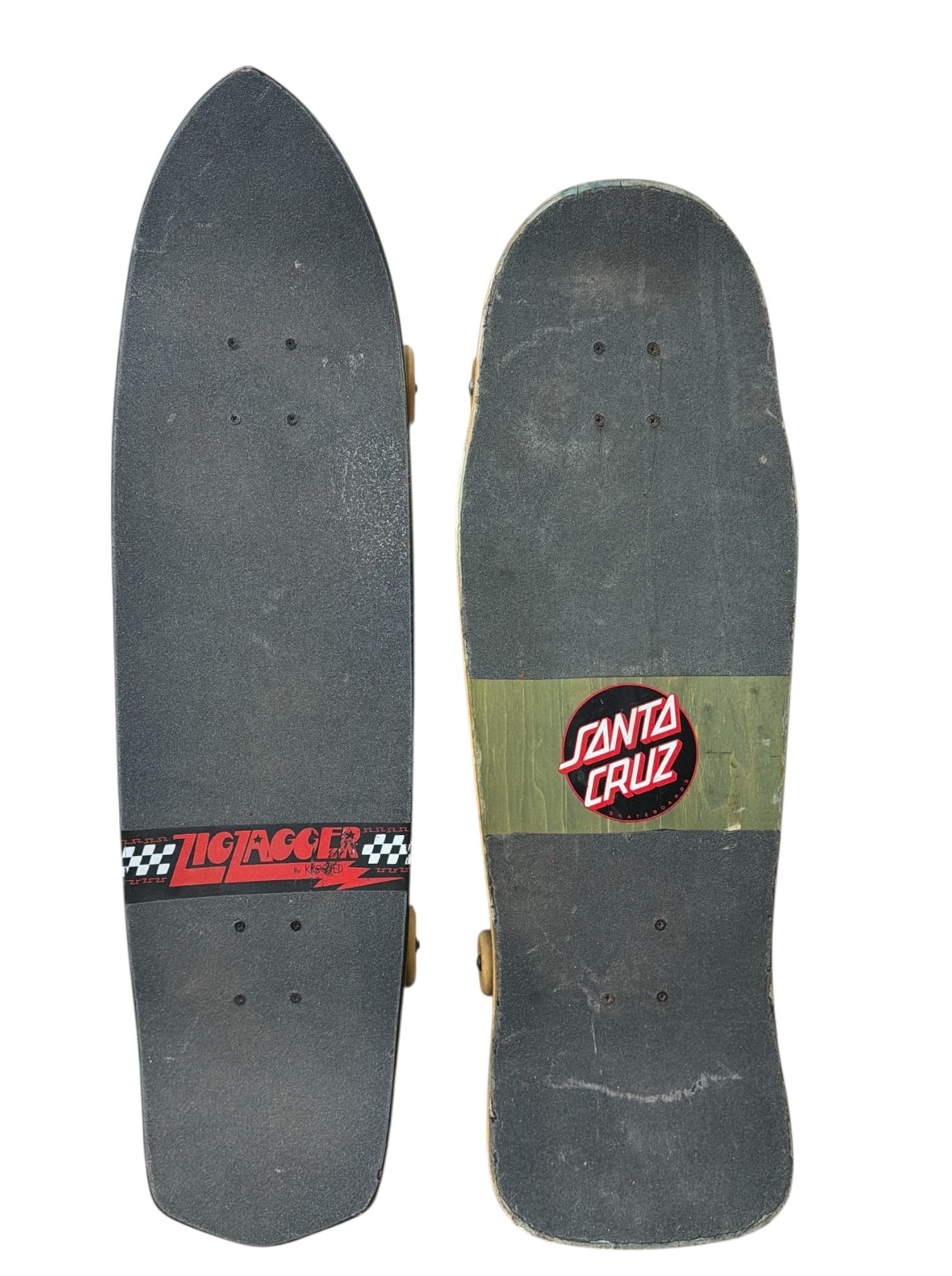 Two Skateboards, ERICK WINKOWSKI, KROOKED: Larger one is the Zig Zagger by Krooked and measures 35" L x 9" W.