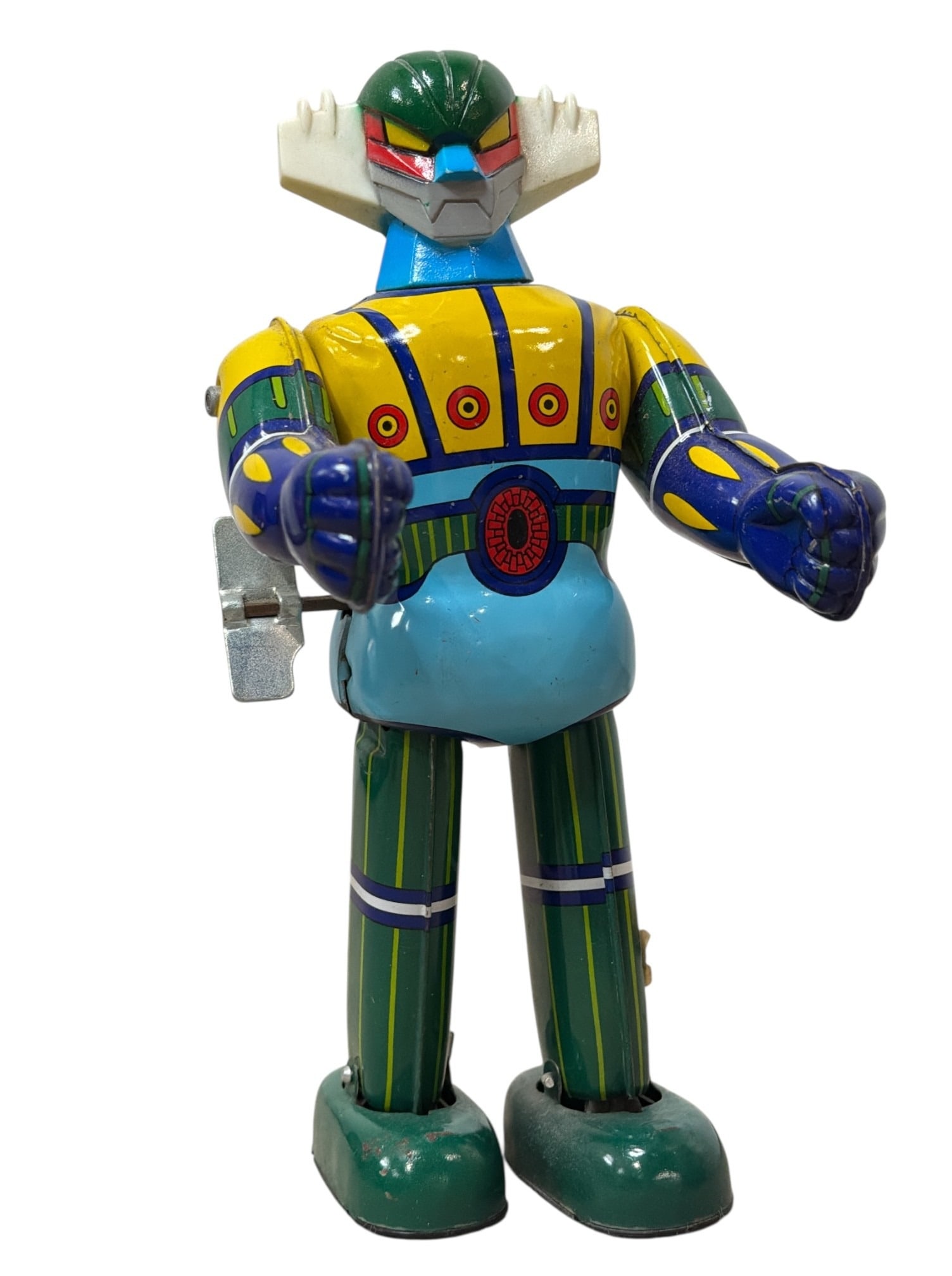 Vintage 1970s TAKARA KOTETSU JEEG Wind Up Toy: Measures 8.5" H x 4" W x 2.5" D.